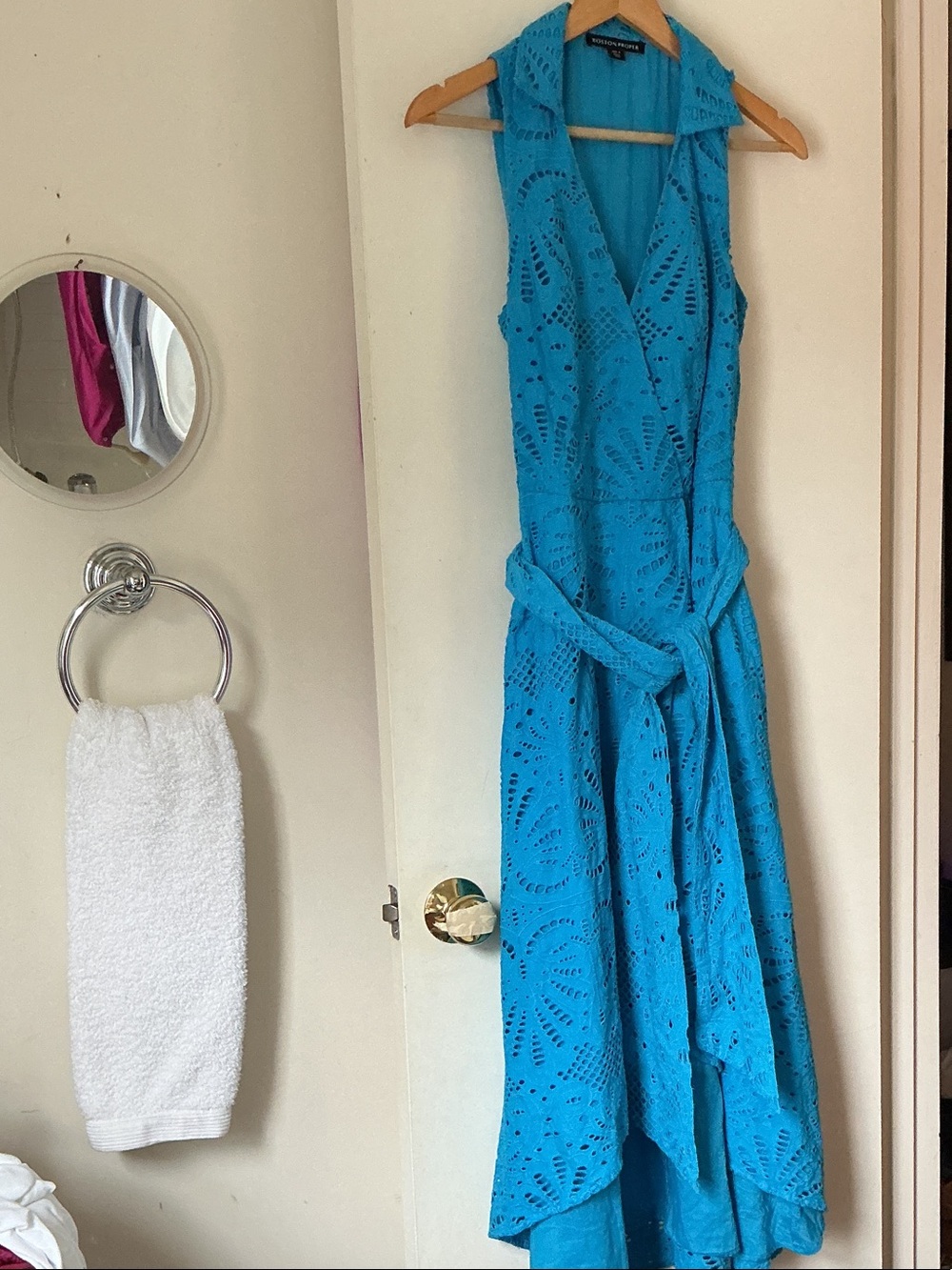 Bright Turquoise Blue Sleeveless Eyelet Wrap Dress